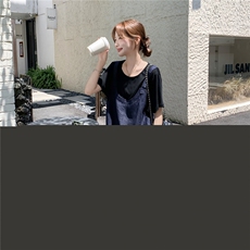 慵懒风假两件拼接牛仔连衣裙女2025夏新款韩版宽松遮肉显瘦T恤裙，女装连衣裙，2C113