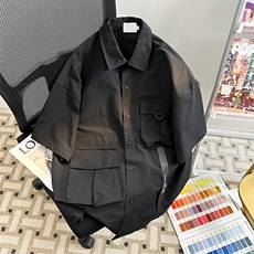 港风夏款男短袖衬衫工装大口袋铁环织带宽松五分袖衬衣CS0034P40，男装衬衫，星座1013-1