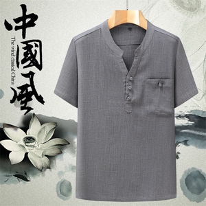 主推中年亚麻T恤风半袖爸爸宽松休闲男棉麻上衣YD973-P53图片