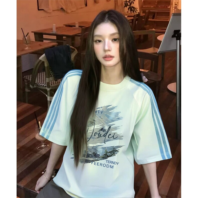 抖音得物品质二开240克宽松纯棉美式潮牌印花三条杠中性风短袖T恤,男装T恤,电商A486