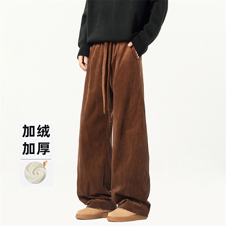 美式复古棕色灯芯绒裤子男冬季加绒加厚垂感阔腿裤宽松直筒休闲裤图片