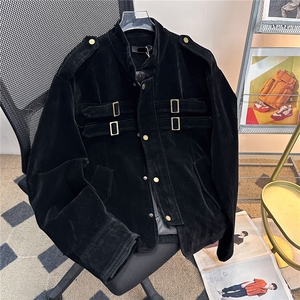 美式复古cleanfit拼接设计仿麂皮夹克男女机车短宽外套W6871-P75图片