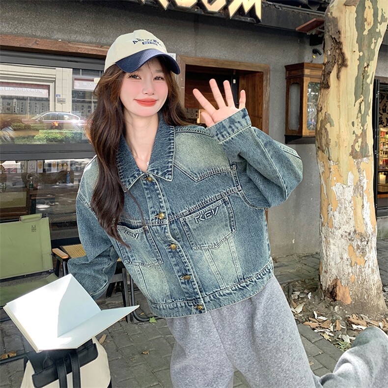 复古港风重工水洗短款牛仔外套女2024秋季新款时尚百搭设计感上衣，女装牛仔外套，纯色衣恋