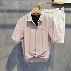 高级感竖条纹衬衫男韩版修身潮流帅气五分袖衬衣2025夏季薄款上衣，男装衬衫，星座506A