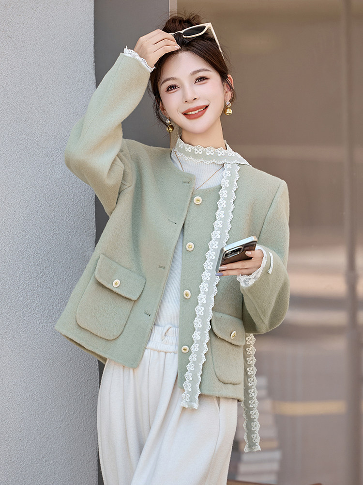 小香风蕾丝拼接短款毛呢外套女2025秋冬新款气质显瘦双面羊毛大衣,女装双面呢大衣,琦鑫阁（原依鑫阁）