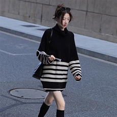 2024秋季新款侧拉链条纹中长款长袖外套，女装羊毛衫，珍珑羊绒