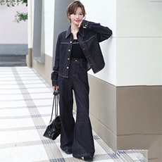 现货气质显瘦女装高级感24年新款秋季高端欧货牛仔喇叭腿裤两件套，女装套装/套裙，潮流依族