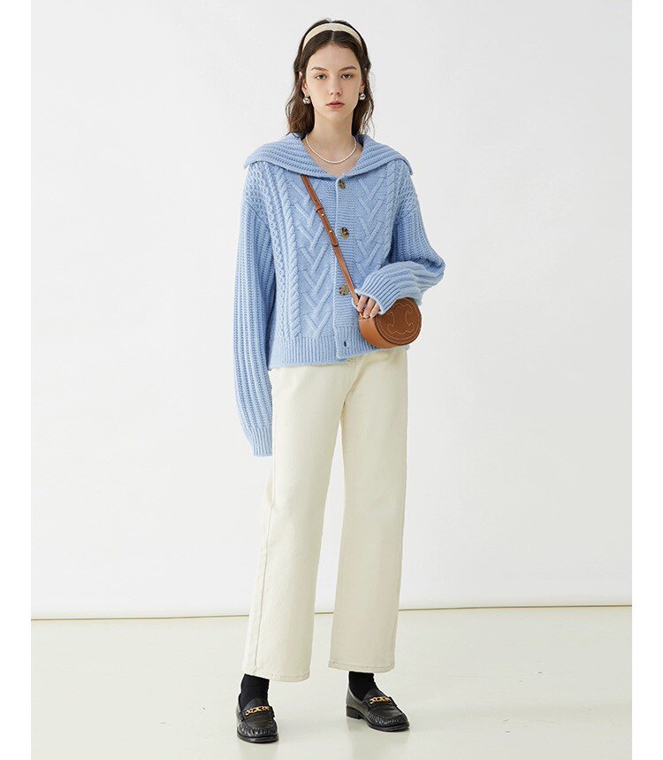 港风复古大翻领针织开衫，女装针织衫/毛衣，昂家羊绒