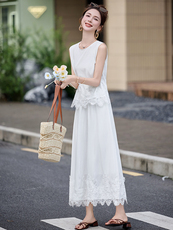 小香风气质蕾丝拼接套装裙女2025夏新款无袖背心上衣半身裙两件套，女装套装/套裙，韩蜜菓