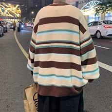 港风日系复古慵懒条纹开衫毛衣男秋季宽松百搭学院风撞色针织外套，男装针织衫/毛衣，星座410-7