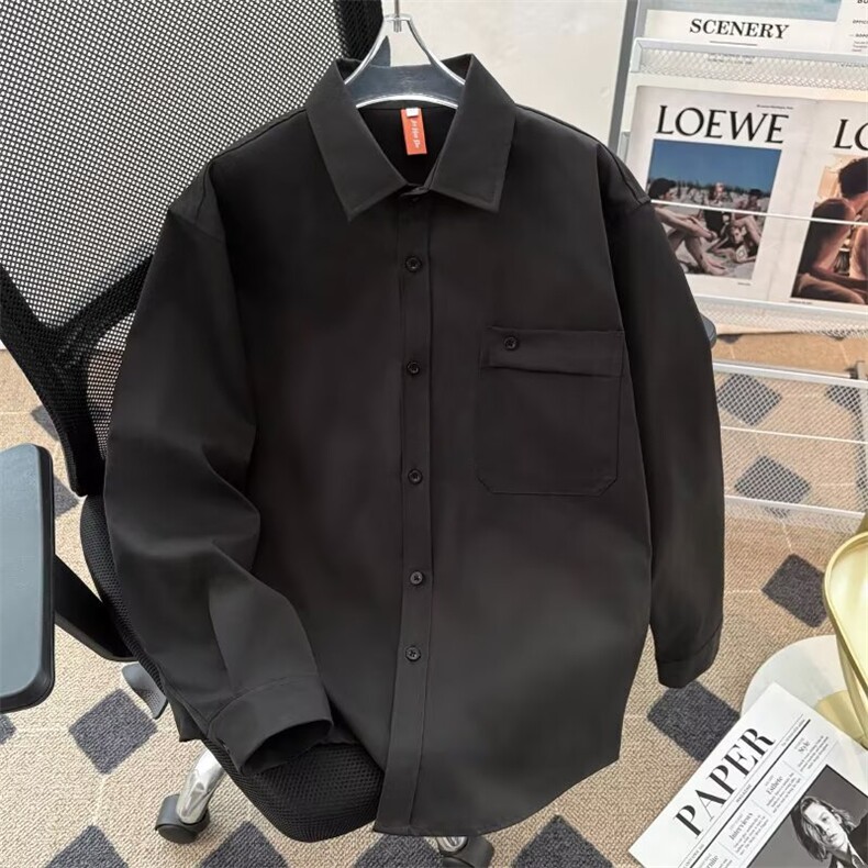 高级感休闲纯色口袋衬衫长袖垫肩简约韩版宽松痞帅衬衣CSH592图片