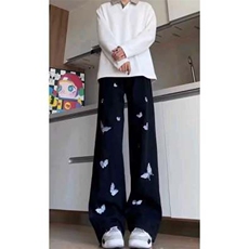 黑色阔腿牛仔裤蝴蝶刺绣男女款潮流美式高街裤子显瘦Z2150P41，男装牛仔裤，星座1112-1