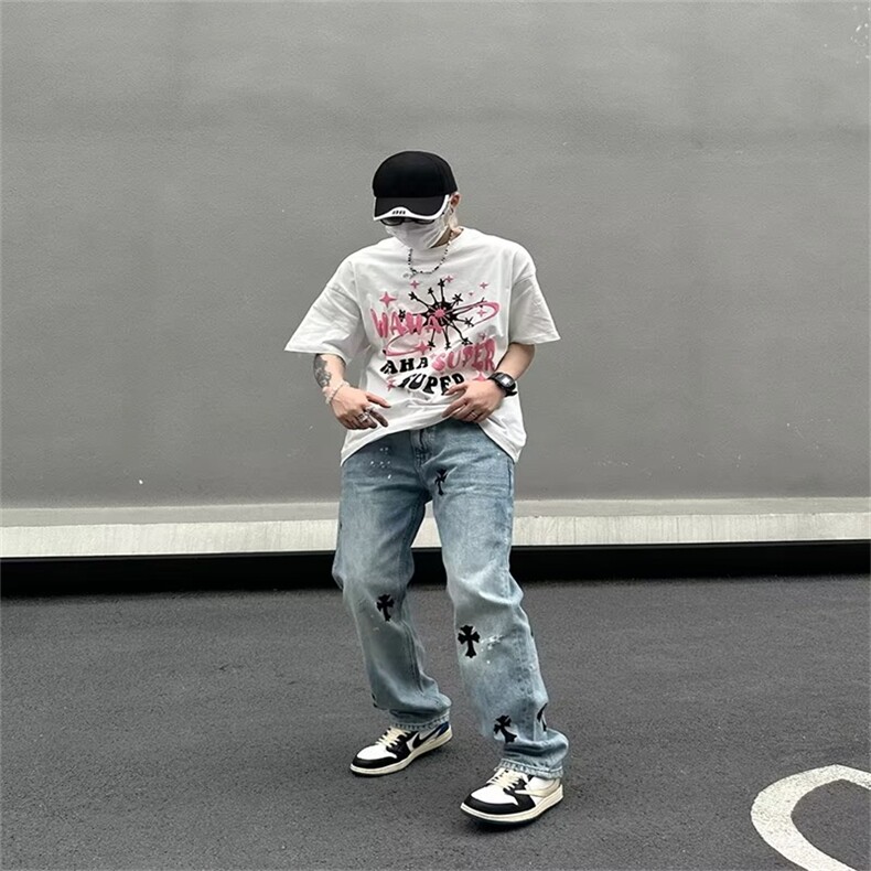 潮牌CH克罗四季款十字架休闲百搭宽松男女直筒修身牛仔裤-D3299图片
