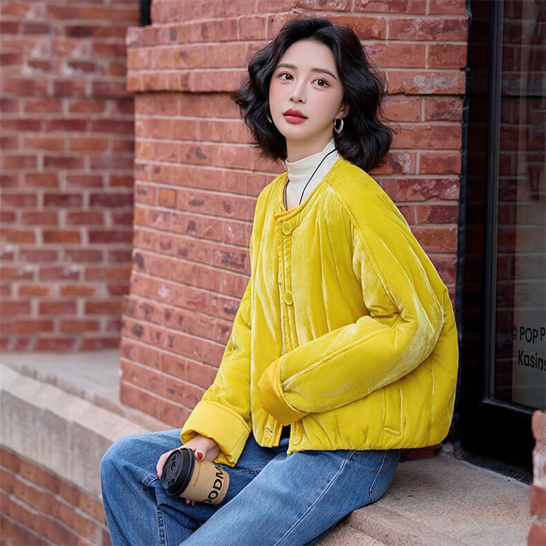 水衣源8815款冬季圆领短款宽松加棉丝绒棉服女纯色时尚外套,女装棉衣/棉服,水衣源