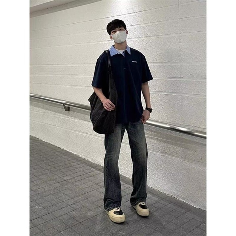 格子衬衫领拼接假两件POLO衫男款夏季半袖高级感宽松短袖T恤上衣,男装Polo衫,星座1116A（原606A-3）
