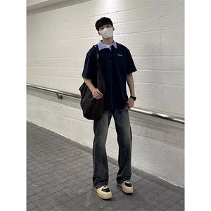 格子衬衫领拼接假两件POLO衫男款夏季半袖高级感宽松短袖T恤上衣图片