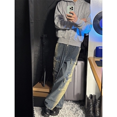 B221美式ins高街重工艺宽松做旧工装牛仔裤子LK23143-P80控108，男装牛仔裤，电商B221
