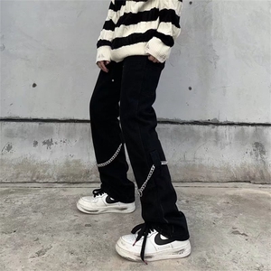 美式朋克工装牛仔裤男链条街头高街hiphop炸街直筒裤子N8052P47图片