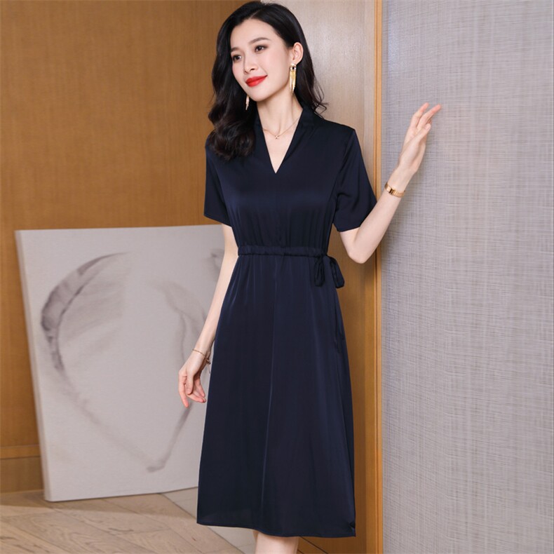 红色重磅真丝连衣裙女夏2025新款收腰显瘦高端缎面中长桑蚕丝裙子,女装连衣裙,阿舍尔精品