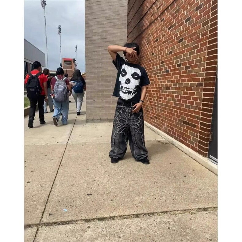 欧美嘻哈哥特街头宽松牛仔裤男复古拼接补丁做旧阔腿长裤,男装牛仔裤,星座506A