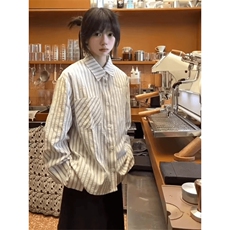 美式潮牌高街复古泡泡纱竖条纹日系肌理长袖衬衫男女休闲宽松衬衣，男装衬衫，电商A486