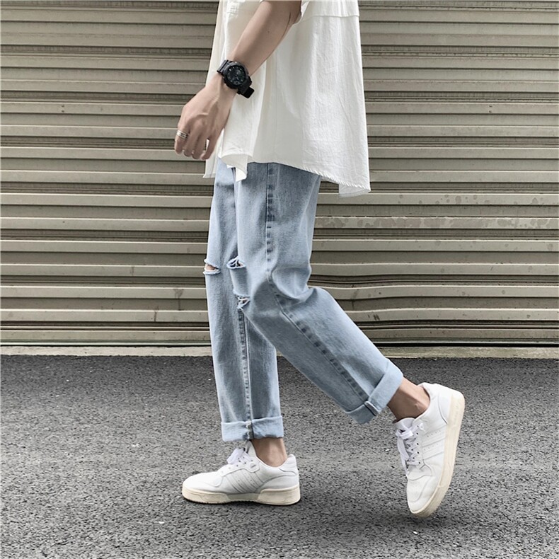 夏季港风ins纯色休闲破洞九分牛仔裤潮男宽松男女直筒裤KZ07,男装牛仔裤,星座1008