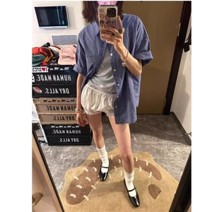 【现货】DB419-P37美式复古蓝色格子廓形短袖衬衫男夏季松弛感图片