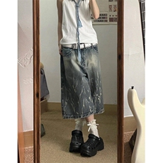 美式复古夏季闪电纹牛仔七分短裤男女宽松中裤宽松L11544-P40，男装牛仔裤，星座1008