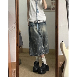美式复古夏季闪电纹牛仔七分短裤男女宽松中裤宽松L11544-P40图片