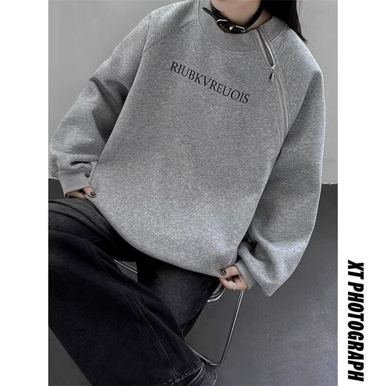 美式oversize卫衣男女春秋斜肩拉链设计圆领上衣高级感痞帅长袖T，男装T恤，星座302B