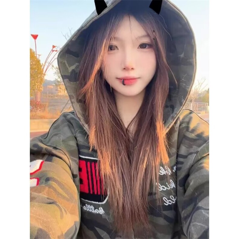 2025新款美式迷彩斑纹连帽卫衣男女潮宽松重磅开衫情侣装外套图片