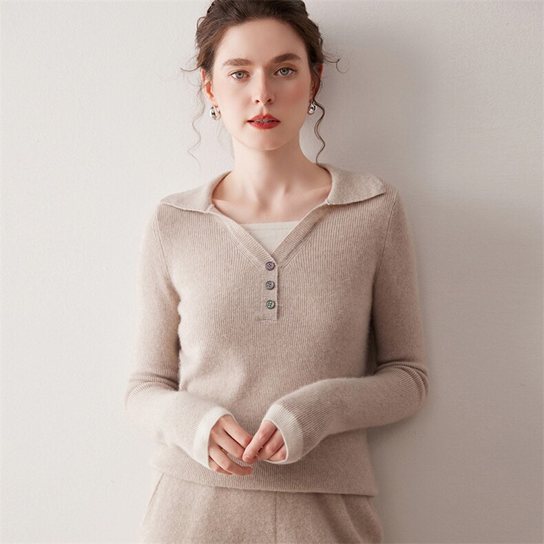 2025年秋季新款百搭女士翻领抽条假两件上衣，女装羊绒衫，尚达羊绒