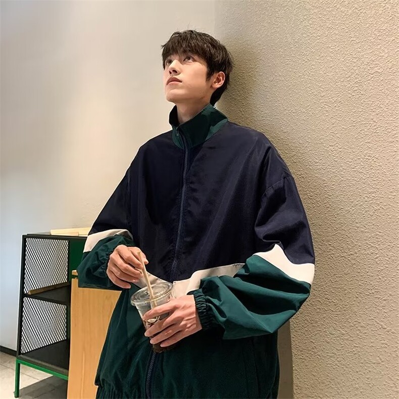 美式复古拼色防风外套男春秋季宽松立领冲锋衣夹克上衣JK194P53,男装夹克,星座410-2