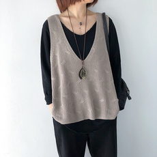 棉线针织马甲背心女2025秋季宽松大码短外搭纯色无袖坎肩马甲上衣，女装马甲，洁纯羊绒