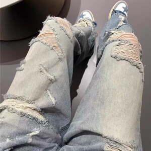 美式街头水洗做旧破洞牛仔裤男春秋直筒宽松高街风长裤子XX1611图片