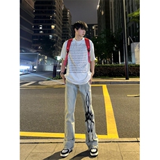 【网图现货】美式高街黄泥色牛仔裤直筒火焰残影裤子CCNZ05-特P58，男装牛仔裤，星座1007（原301D）