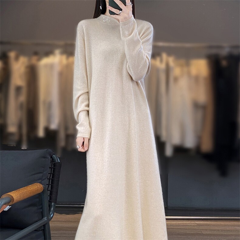 秋冬新款100羊绒衫女圆领连衣裙套头中长款宽松百搭针织羊毛毛衣,女装连衣裙,江南羊绒