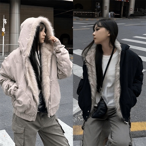 现货高品质美式高街冬季重磅硬挺短款座山雕毛领棉衣男女加厚外套图片