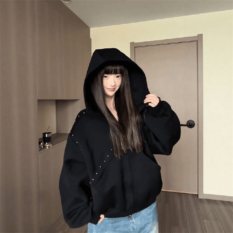 抖音得物高品质二开26春装美式高街铆钉拼接纯色开衫卫衣外套W122,女装短外套,电商A486-1