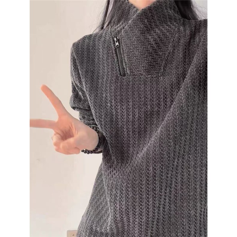 网图 美式宽松斜拉链雪尼尔春季长袖T恤W0039特P26图片