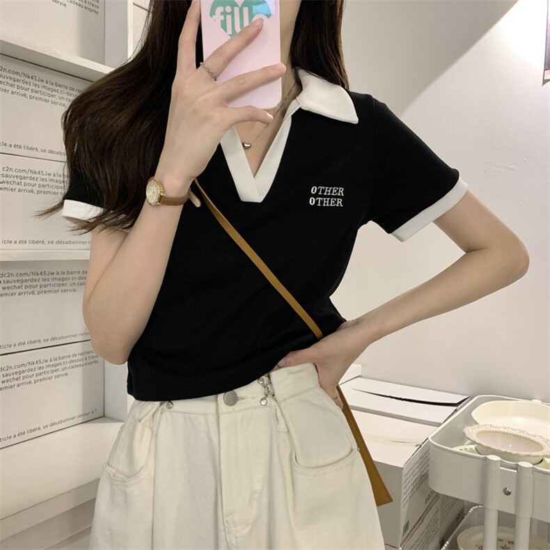 【抖音直播品质】短款辣妹纯欲修身polo领短袖t恤ZT8773-P39,女装T恤,电商B245