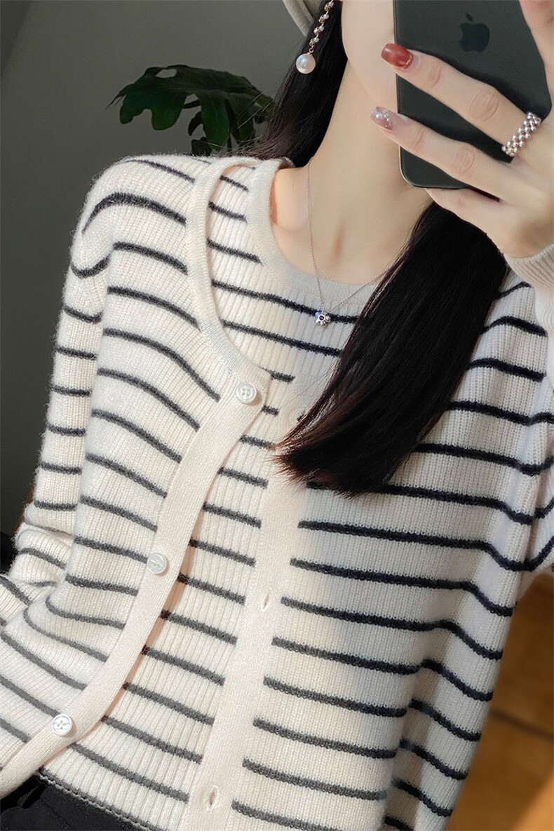 两件套100%纯羊毛开衫女圆领拼色条纹针织背心毛衣羊绒打底衫上衣,女装背心吊带,冀清阳荣
