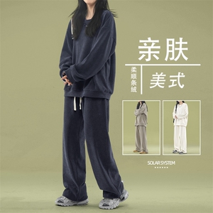美式条绒简约套装纯色柔软重磅两件套卫衣长裤好搭 TZ810-特批92图片