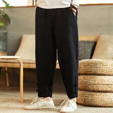 秋季新款男装盘扣棉麻风提花宽松小脚休闲裤室内藏青，男装休闲裤，电商B277(原6028)