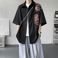 8XL-M民族风拼接短袖衬衫男夏季痞帅半袖衬衣薄款外套DC28009P45，男装衬衫，电商B312