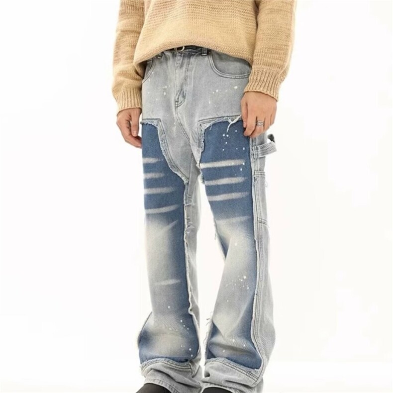 现货2024美式高街设计感毛边拼接补丁牛仔裤男女宽松情侣冬季，男装牛仔裤，星座218-1（原230）