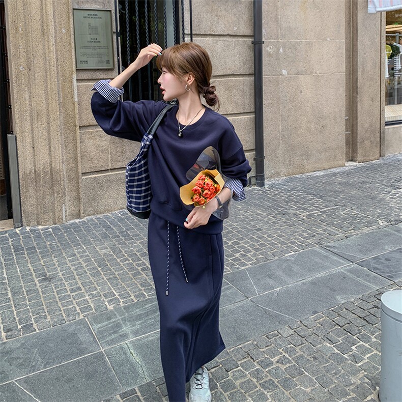 韩系穿搭格子拼接长袖卫衣半身长裙两件套女春季新款休闲通勤套装,女装套装/套裙,维壹