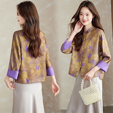 2025年秋季薄款双面穿印花拼接插肩袖单排扣新中式外套长袖上衣，女装短外套，新依时派