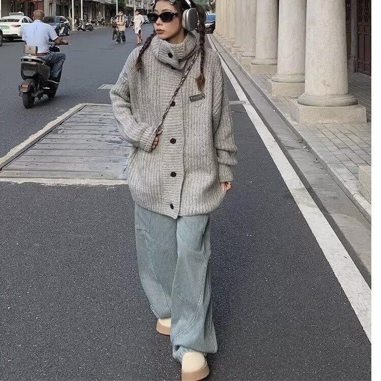 美式复古弯刀牛仔裤女新款高街设计感宽松休闲显瘦阔腿拖地裤,女装牛仔裤,星座506A