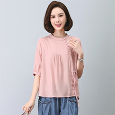 天丝T恤女2023新款夏季时尚中年妈妈小个子遮肉显瘦宽松棉麻上衣，女装T恤，忆绮罗